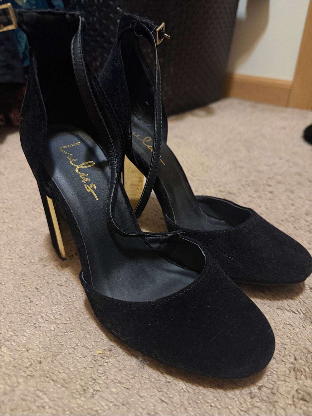 Lulu's Black Suede Ankle-Strap Block Heels with Gold Accent